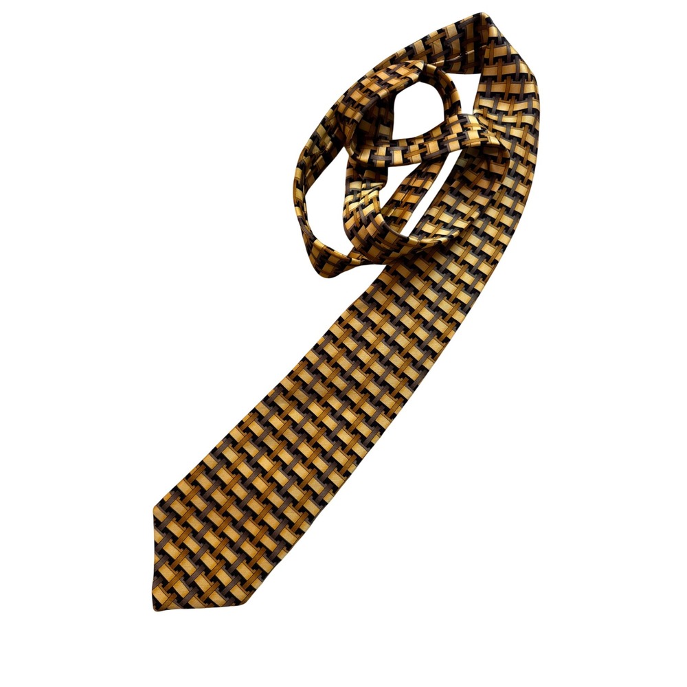 Umo Lorenzo Italy Silk Necktie Gold Grey Basketweave Geometric Hand Made Men Tie